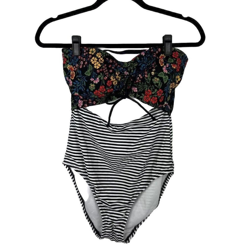 Time & Tru Strapless One piece Swimsuit Woman M 8-10 Black/White Stripes Floral